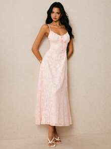 Poéselle 女士优雅提花设计前系带吊带连衣裙 - 粉色 - 查看 7