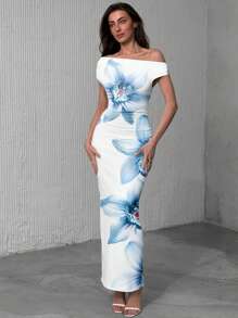 Modelyn Women Asymmetric Ruched Bodycon Dress,White And Blue Floral,Summer,Elegant,Vacation,Holiday,Hawaii Outfits,Beach Vacation Outfits,Party Dresses - Blue and White - View 3