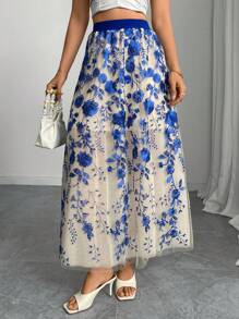 Elenzga Women's Elastic Waist Floral Embroidered Mesh Elegant A-Line Skirt, For Vacation - Blue - View 4