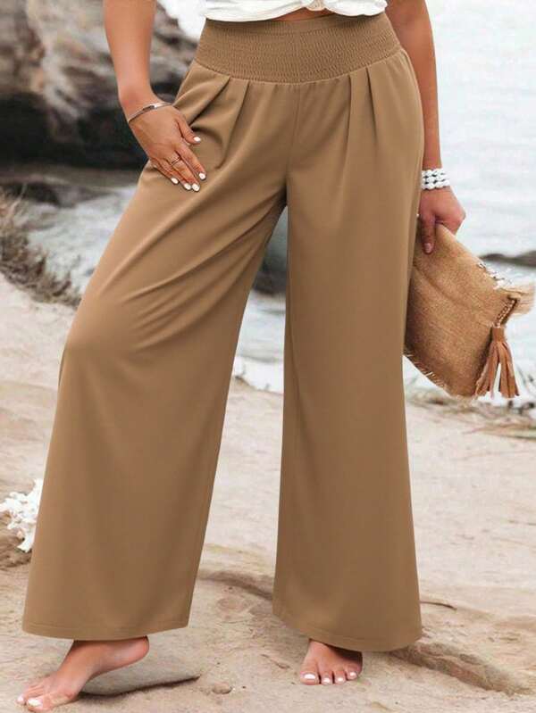 SHEIN Clasi Plus Size Solid Color Loose Casual Wide Leg Pants, Perfect For Vacations Boho Pantswide Leg Pants Womanwide Leg Pantswide Leg Pants Girlsbrown Pants Women Fall Cloth For Women