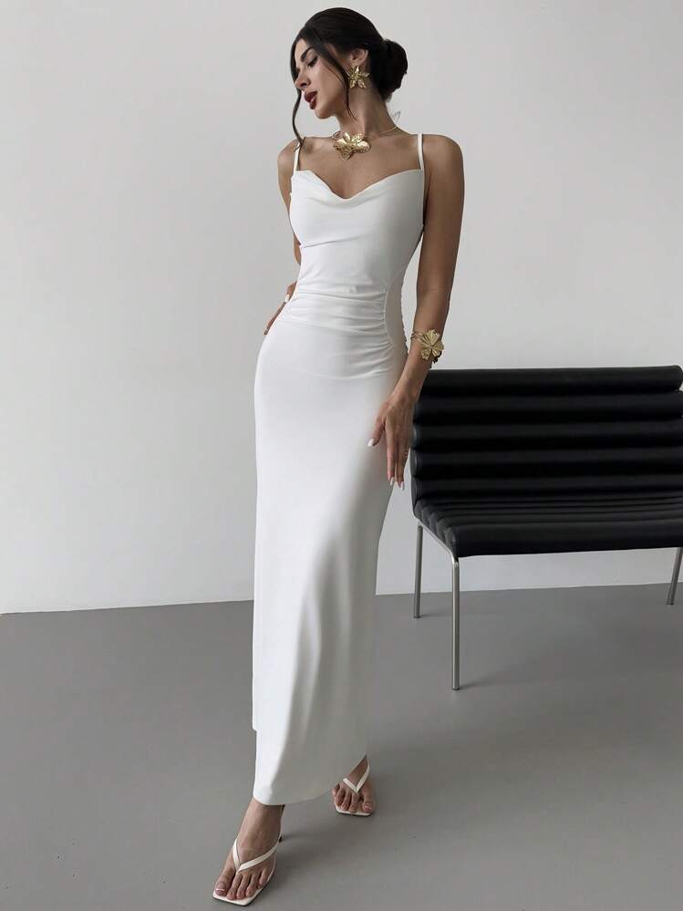 Firerie فستان نسائي جديد صيفي بسيط وأنيق للعطلات والحفلات، أنيق متعدد الاستخدامات للسفر خارجيًا بتصميم طبقات في الخصر وحمالات رفيعة، أبيض فاتح - أبيض - مشاهدة 5