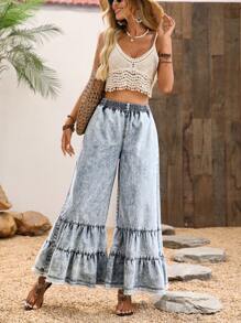 Breezaya 女士休闲松紧腰口袋宽松阔腿牛仔裤