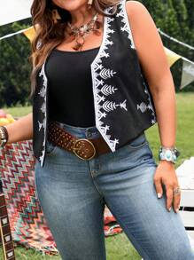 EMERY ROSE 加大码女式西式刺绣开襟背心夏季西式服装、秋季、乡村音乐会、西部、波西米亚风、音乐会、秋季 - 黑色 - 查看 5