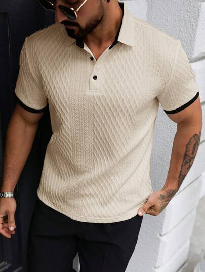 Manfinity CasualCool 男士休閒度假風黑米色幾何菱格紋提花針織短袖 Polo 衫，夏季 INS 風夏威夷海灘舞會風
