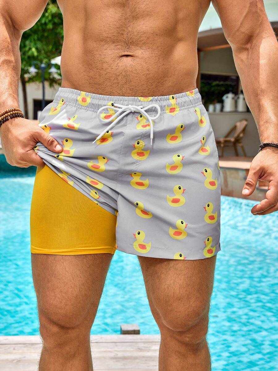 Manfinity Swimmode 男士鸭子印花抽绳腰部泳裤牛奶丝衬里沙滩短裤