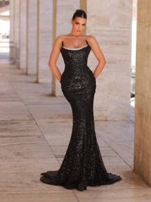 Glamrae 优雅浪漫的抹胸黑银弹力亮片刺绣前卫猫耳特殊形状领子鱼骨结构设计背部修身鱼尾礼服，适合晚宴、单身派对、约会、度假、返校季、毕业季、婚礼活动、重工业晚礼服（重工业风格）、正式、礼服、婚礼宾客、万圣节 - 黑與白 - 查看 3