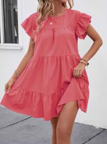 Breezaya Women Summer Solid Color Round Neck Loose Babydoll Dress With Ruffle Trim Vacation Beach Outfit - Watermelon Pink - View 4