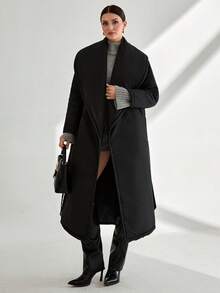 EURMUSE Oversized Quilted Maxi Padded Coat, Premium Winter Collection, Belted Wrap Design, Long Length Series, High-Fashion Statement Piece, Modern Volume Silhouette, Designer Outerwear Collection, High-End Fashion Series, Professional Winter Wear S For Women Long Coats For Women Long Black Coat Long Black Coat Women Long Padded Coat Women Maxi Padded Coat Oversized Padded Coat Women's Winter Coats - Black - View 8