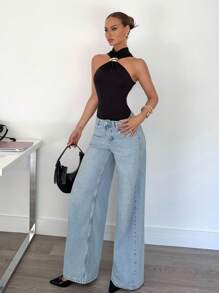 Siren Gaze 夏季新款金属扣配饰女士黑色紧身衣，修身百搭紧身衣，女士度假沙滩装 - 黑色 - 查看 4