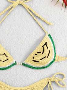 Swim Mod Women's Vacation Crochet Avocado Bikini Top And Bottom Set For Summer - Yellow - View 4