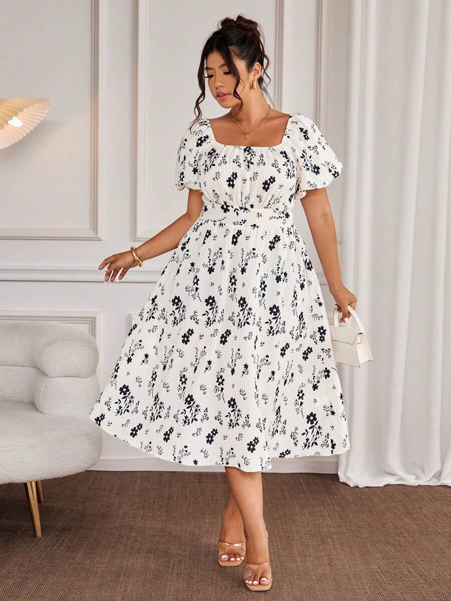 Allurite Plus Size Solid Color Floral Print Textured Fabric Square Neck ...