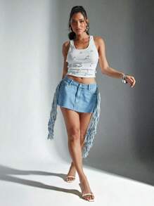 Denimoi 流苏接缝做旧低腰牛仔迷你裙 - 淺色水洗藍 - 查看 4