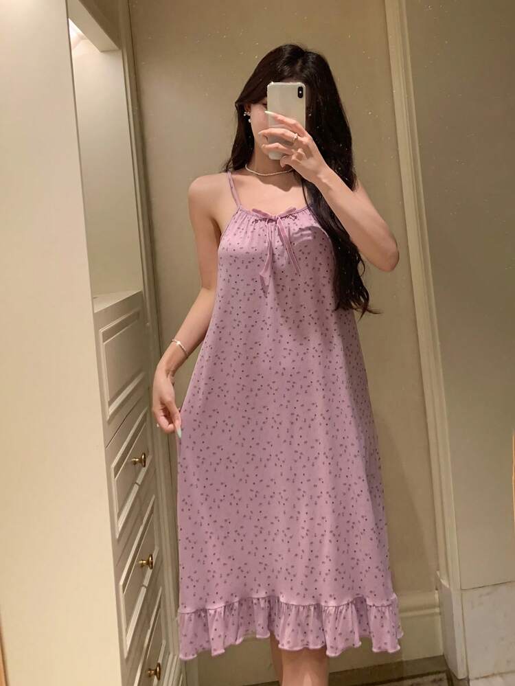 Bow Decor Ditsy Floral Ruffle Trim Ladies Nightgown Pajama
