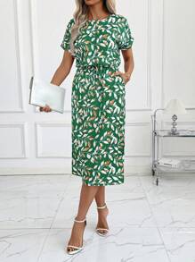 SHEIN Clasi Women Elegant Round Neck Floral Print Cinched Waist Midi Dress, Holiday Style - Green - View 4