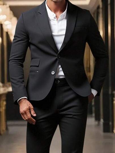 Manfinity Mode 男士加大码两件套纯色夹克和裤子