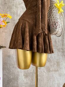 Elamini 棕色提花面料金属海星装饰露背荷叶边下摆迷你连衣裙，双层，优雅性感可爱，适合节日、休闲、派对、日常穿着、约会、复古 - 棕色 - 查看 7