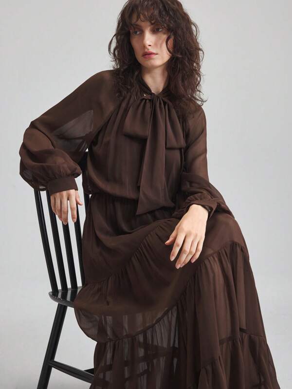 Ontre 2026SS New Arrival Women's Long Loose Dress, Woven Fabric, Oversized Silhouette, Flared Hem, Bow Tie Waist Dress, Spring/Summer