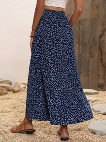 Breezaya Ditsy Floral Print Split Thigh Skirt Maxi Vacation Beach Women Fall Cloth For Women - Black - View 2