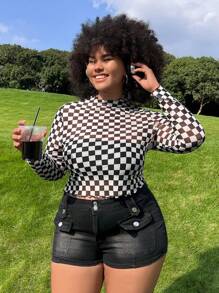 SHEIN EZwear Plus Checker Print Lettuce Trim Crop Top Without Cami Top, Summer