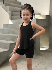 SHEIN Set de 2 piezas de chaleco y shorts deportivos de punto de unicolor y ajuste ceñido para niña joven - Negro - Ver 3