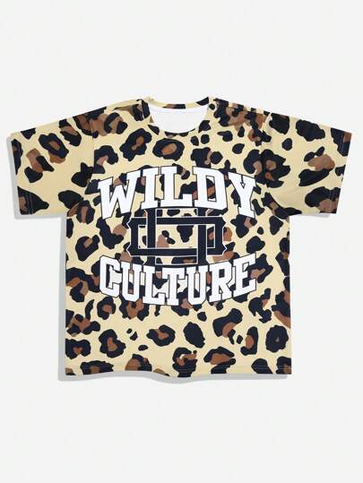 ROMWE MEN Prep Men's Casual Street Fashion Leopard & Letter Print Short Sleeve T-Shirt