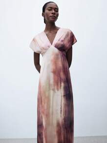 Maija 女式扎染印花不对称领口百搭休闲都市时尚夏装，优雅修身腰部设计，V 领和前褶设计，适合音乐会和日常穿着女装优雅礼服工作夏装女装夏装女装生日优雅知性女婚礼宾客礼服浪漫美丽法式休闲高端知性优雅老钱风格邮轮服装度假装优雅知性女婚礼宾客礼服浪漫美丽法式休闲高端知性优雅老钱风格邮轮服装度假装，女士连衣裙夏季扎染连衣裙长裙真丝连衣裙扎染长裙 - 彩色 - 查看 6