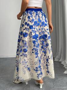 Elenzga Women's Elastic Waist Floral Embroidered Mesh Elegant A-Line Skirt, For Vacation - Blue - View 3