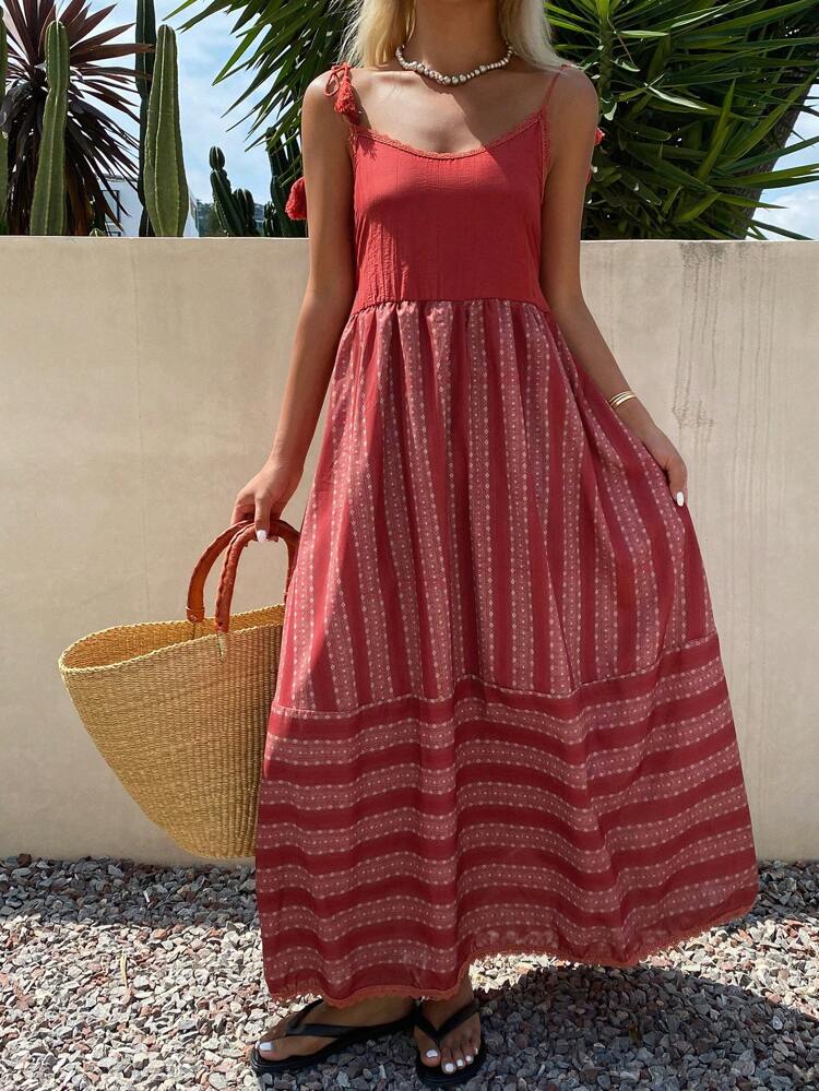 Bohemian Tassel Patchwork Knitted Camisole Dress, Suitable For Summer Beach Holiday Maxi Dress Cruise Outfit For Women Boho