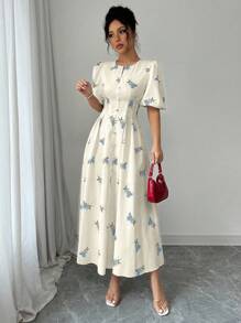 Modelyn 春夏款A字收腰印花短袖连衣裙 - 藍色 - 查看 6