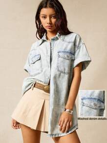 Easelle 2025 Summer Denim Regular Thin Jacket Washed Summer Vacation Light Color Denim Cowgirl 4th Of July - Blue - View 1