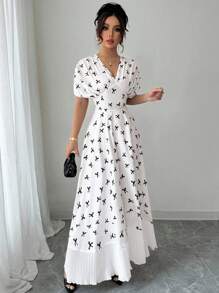 Elenzga Women Fashion Elegant V-Neck Shoulder Sleeve Chest Pleated Hem Chiffon Mesh Panel Printed Dress - Multicolor - View 5