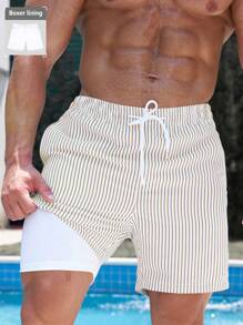 Manfinity Swimmode Shorts de plage amples et décontractés pour hommes grande taille, à rayures avec cordon de serrage et poches, hawaïen