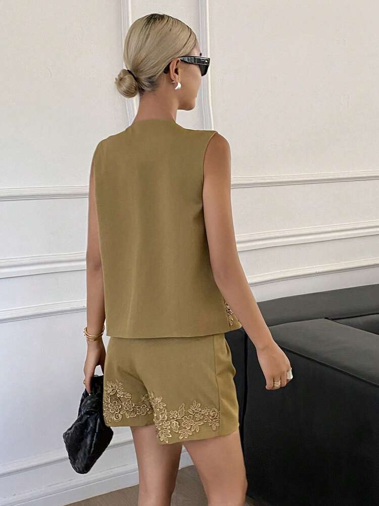 Floral & Leaf Pattern Woven Sleeveless Jacket, Straight Leg Shorts 2pcs Elegant Summer Resort Wear Set For Women,Short Women Sets Carnival