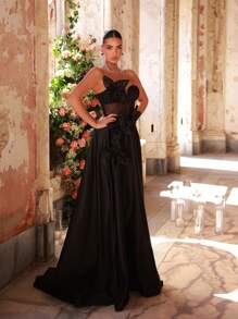 Glamrae 优雅浪漫黑色波尔卡圆点网眼手工四叶草立体花朵抹胸腰褶透视连衣裙适合约会派对鸡尾酒会舞会婚礼活动毕业典礼正式场合晚宴礼服（重工款）、派对礼服、长袍、晚装、婚礼宾客