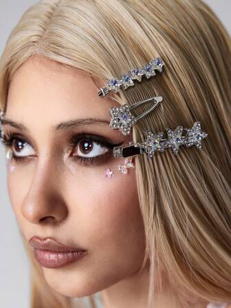 Kawaii Y2K 3D Butterfly Face Jewelry Gems, Sweet Wavy Metal Star & Moon Hair Clips, Face Jewels & Hair Accessories Multipack