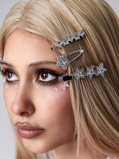 Kawaii Fermagli per capelli con stelle e lune in metallo e strass, set di accessori per capelli e gioielli per il viso in stile Y2K