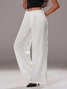 TRNVIE 女士夏季休闲高腰褶皱亚麻质感宽松裤，通勤、度假皆宜 - 白色 - 查看 7