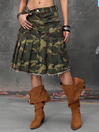Grunge Punk Women's Streetwear Camouflage Print Flap Pocket Pleated Hem Cargo Denim Mini Skirt