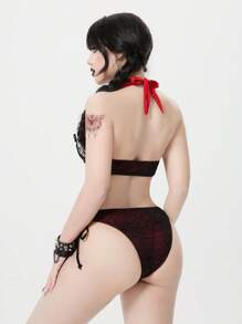 ROMWE Goth Women's Spider Web Print Halter Backless Bikini Set, Halloween - Multicolor - View 2