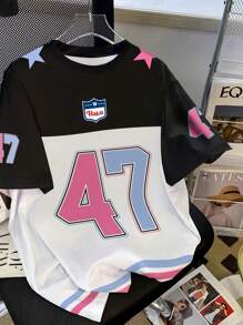 INAWLY Solva Street Cool Valiant Wind Collision Color Splicing Stars Digital Oversize American Sports Plus Size Women's T-Shirt