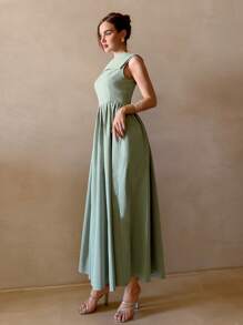Aloruh Women's Elegant One Shoulder Designer Fitted Waist Solid Color Maxi Dress, Olive Green Island Vacation Outfits Women Summer Dress Women Vacation Dress - Green - View 5