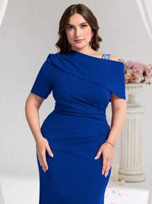 Coutiva فستان سهرة رسمي بأكمام قصيرة لون أحادي، موضة الصيف لكامل الحجم - أزرق غامق - مشاهدة 3