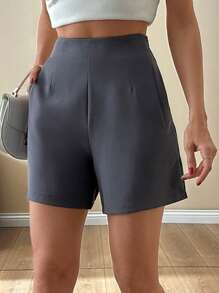 SHEIN Cottnline Women Solid Color Pocket And Zipper Detailed Grey Color Shorts Women Short Outfits - Grey - View 6