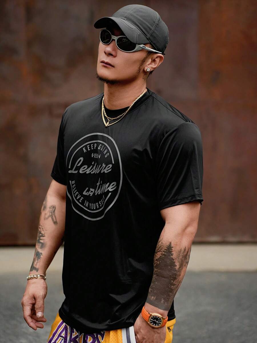 DAZY T-shirt homme style de rue à imprimé lettres noires, t-shirt graphique d'été - Noir - Voir 1