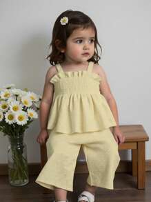 SHEIN Vintaside Kids 2 件套女婴吊带上衣和长裤套装，适合春秋季 - 黃色 - 查看 1