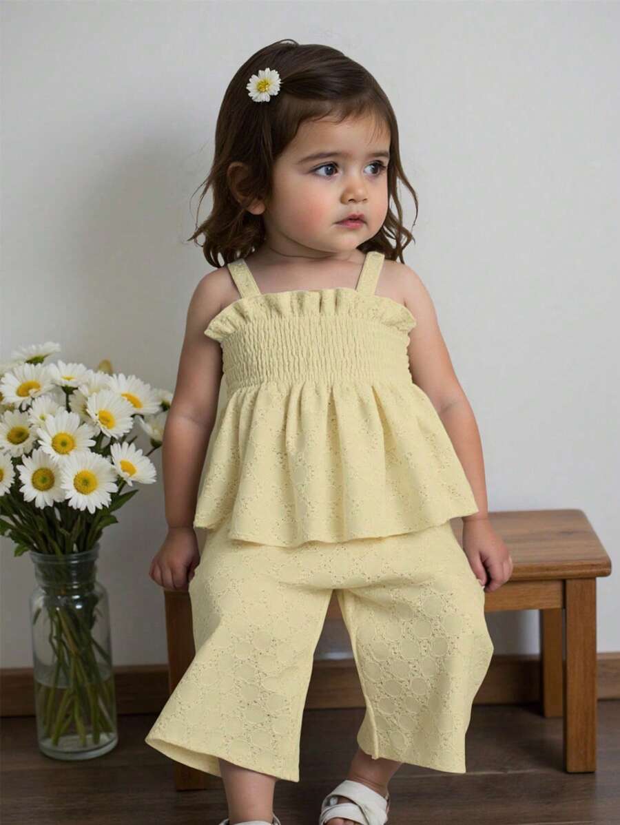 SHEIN Vintaside Kids 2 件套女婴吊带上衣和长裤套装，适合春秋季 - 黃色 - 查看 1