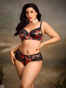 2 件加大码花卉印花钢圈文胸和内裤套装，复古风格蕾丝拼布提升文胸，性感浪漫，适合度假和日常穿着