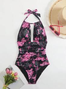SHEIN Swim Floral Print Backless Halter One-Piece Swimsuit, Vacation Beach For Summer - Hot Pink - View 7
