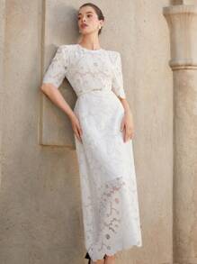 Aveloria Rosie 适合婚礼派对宾客的优雅夏装，精致的向日葵刺绣，收腰短袖连衣裙 - 白色 - 查看 6