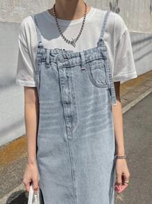 FRIFUL 女式休闲破洞牛仔连身裙 - 藍色 - 查看 5